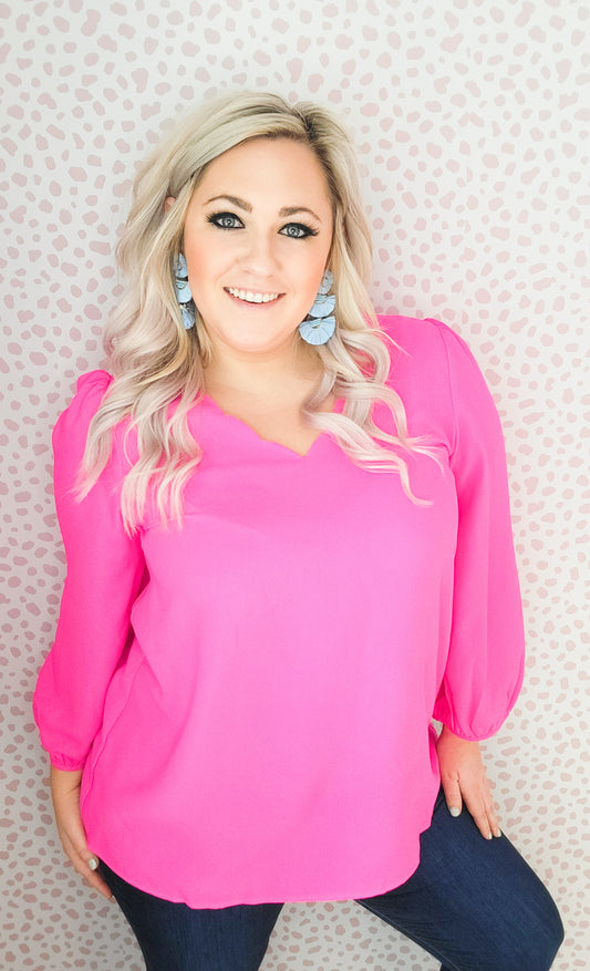 Shore Thing Scallop Blouse - Hot Pink